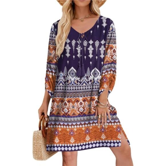 Womens 3/4 Sleeve Mini Dress 01 - Picture 1 of 6